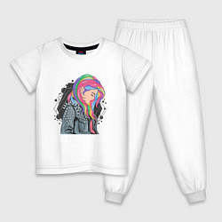 Пижама хлопковая детская Девушка рокерша с разноцветными волосами, цвет: белый