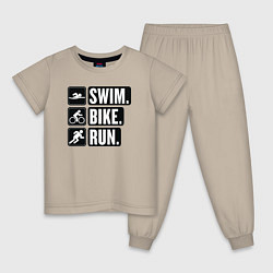 Пижама хлопковая детская Swim bike run, цвет: миндальный