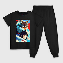 Пижама хлопковая детская Девочка и волк - аниме - нейросеть, цвет: черный