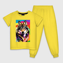 Пижама хлопковая детская Красочный волк - поп-арт - нейросеть, цвет: желтый