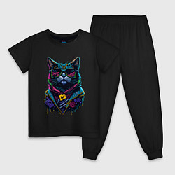 Пижама хлопковая детская Панк кот в очках, цвет: черный