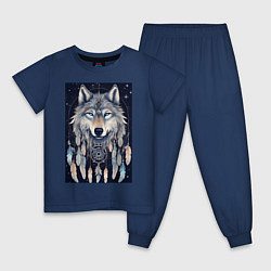 Пижама хлопковая детская Шаман волк, цвет: тёмно-синий
