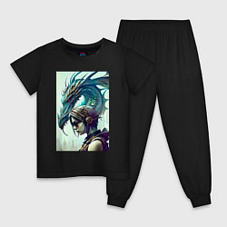 Пижама хлопковая детская Девчонка в шлеме и дракон - киберпанк, цвет: черный