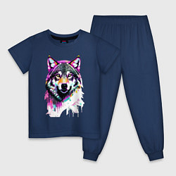 Пижама хлопковая детская Волчья морда - поп-арт - цвет, цвет: тёмно-синий