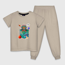 Пижама хлопковая детская Кот космонавт в кармане, цвет: миндальный