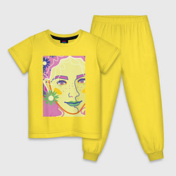 Пижама хлопковая детская Женский портрет с полевыми цветами, цвет: желтый