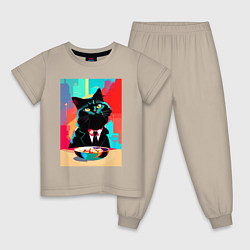 Пижама хлопковая детская Чёрный котик джентльмен - нейросеть, цвет: миндальный