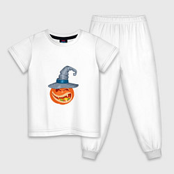 Пижама хлопковая детская Тыква на Хэллоуин в шляпе с конфетами, цвет: белый