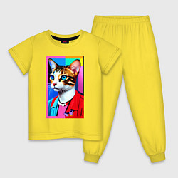 Пижама хлопковая детская Модная кошечка - поп-арт - нейросеть, цвет: желтый