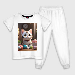 Пижама хлопковая детская Милый мультяшный котёнок - нейросеть, цвет: белый