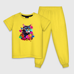 Пижама хлопковая детская Котик в цветах - нейросеть, цвет: желтый