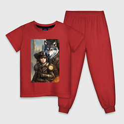 Пижама хлопковая детская Крутая девчонка под защитой волка - стимпанк - ней, цвет: красный