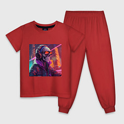 Пижама хлопковая детская Скелет в куртке в лучах неонового света, цвет: красный