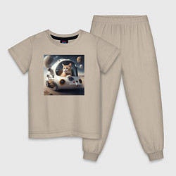 Пижама хлопковая детская Котик на корабле в космосе, цвет: миндальный