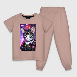 Пижама хлопковая детская Глазастый городской котёнок, цвет: пыльно-розовый