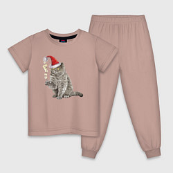 Пижама хлопковая детская Пушистый котик новогодний, цвет: пыльно-розовый
