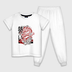 Пижама хлопковая детская Татуировка с японским иероглифом и драконом, цвет: белый
