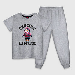 Пижама хлопковая детская Система линукс пингвин в кимоно, цвет: меланж