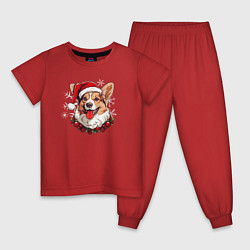 Пижама хлопковая детская Корги в новогодней шапке, цвет: красный