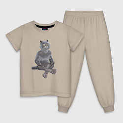 Пижама хлопковая детская Кот йог, цвет: миндальный
