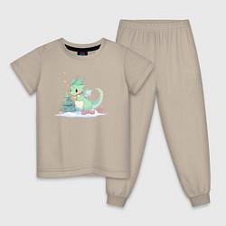 Пижама хлопковая детская Чиби-дракон с ёлочной игрушкой, цвет: миндальный