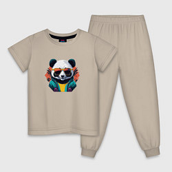 Пижама хлопковая детская Стильная панда в очках, цвет: миндальный