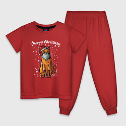 Пижама хлопковая детская Рождественский котик, цвет: красный