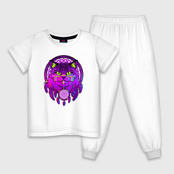 Пижама хлопковая детская Фиолетовый кот-индеец с ловцом снов, цвет: белый