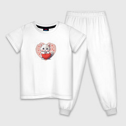 Пижама хлопковая детская Мультяшный котенок и сердечко, цвет: белый