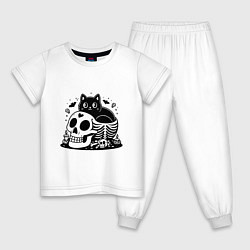 Пижама хлопковая детская Мультяшный черный кот сидит в черепе, цвет: белый