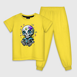 Пижама хлопковая детская Скелет и звёзды синий, цвет: желтый