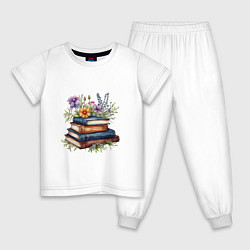 Пижама хлопковая детская Стопка книг с полевыми цветами, цвет: белый