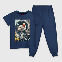 Пижама хлопковая детская Котик панк житель Нью-Йорка - нейросеть, цвет: тёмно-синий