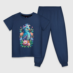 Пижама хлопковая детская Голубая птица среди цветов, цвет: тёмно-синий