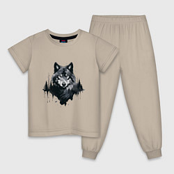 Пижама хлопковая детская Волк и лес, цвет: миндальный
