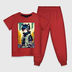 Пижама хлопковая детская Девочка котёнок - нейросеть, цвет: красный