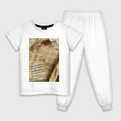 Пижама хлопковая детская Листы с нотами, цвет: белый