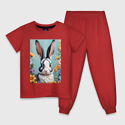 Пижама хлопковая детская Кролик в цветах, цвет: красный