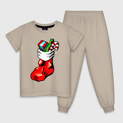 Пижама хлопковая детская Рождественский чулок, цвет: миндальный