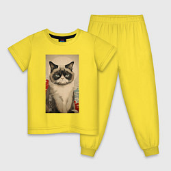 Пижама хлопковая детская Мемный кот - японский стиль, цвет: желтый