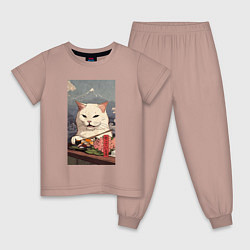Пижама хлопковая детская Cat meme - japan style, цвет: пыльно-розовый