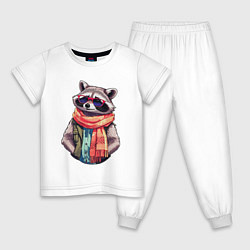 Пижама хлопковая детская Модный енот в очках и шарфе, цвет: белый