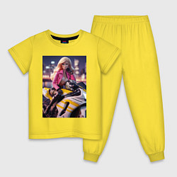 Пижама хлопковая детская Barbie on a Kawasaki sports motorcycle, цвет: желтый