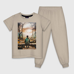 Пижама хлопковая детская Мальчик на скамейке, цвет: миндальный