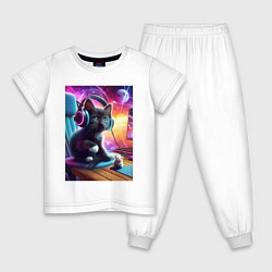 Пижама хлопковая детская Котёнок в наушниках и мышка, цвет: белый