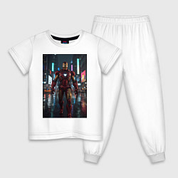 Пижама хлопковая детская Железный человек посреди ночного города, цвет: белый