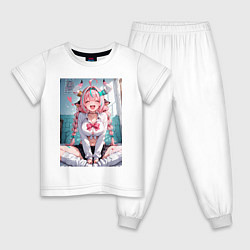 Пижама хлопковая детская Веселая коровка в школьной форме, цвет: белый