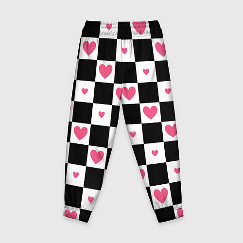 Детские брюки Розовые сердечки на фоне шахматной черно-белой дос / 3D-принт – фото 2