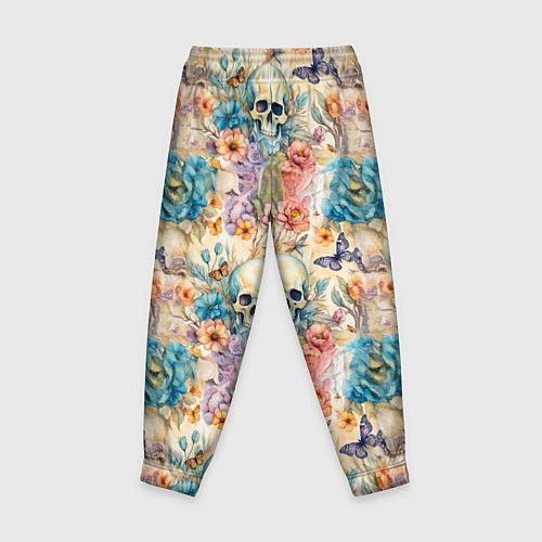 Детские брюки Череп в цветах с бабочками узор / 3D-принт – фото 2