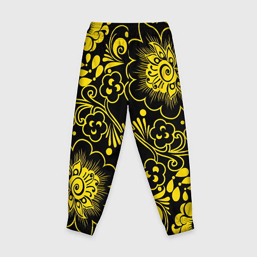 Детские брюки Хохломская роспись золотые цветы на чёроном фоне / 3D-принт – фото 2